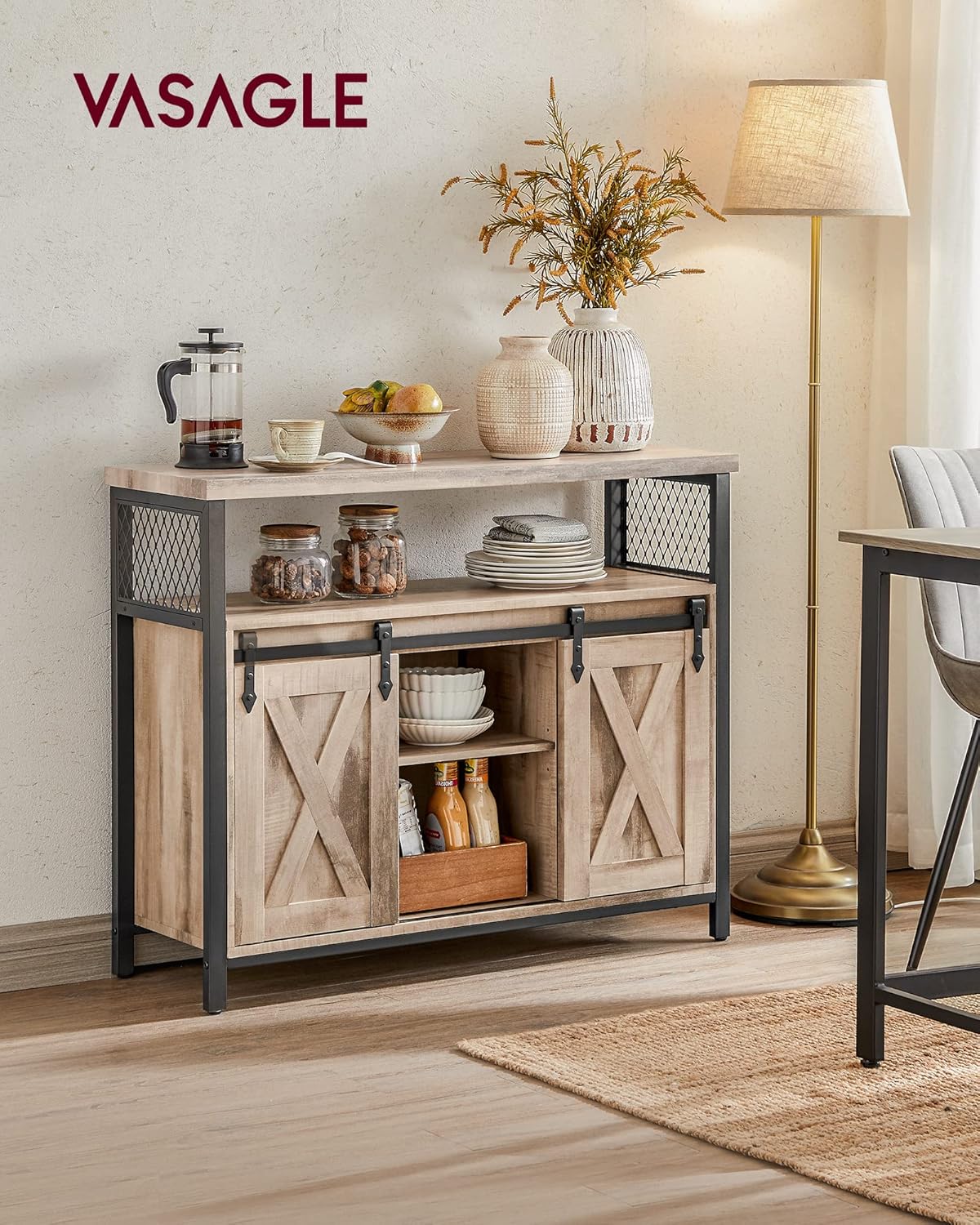 VASAGLE Comoda pentru living sau bucatarie, cu 2 usi glisante, rafturi reglabile, stil rustic, 33x100x80 cm, maro