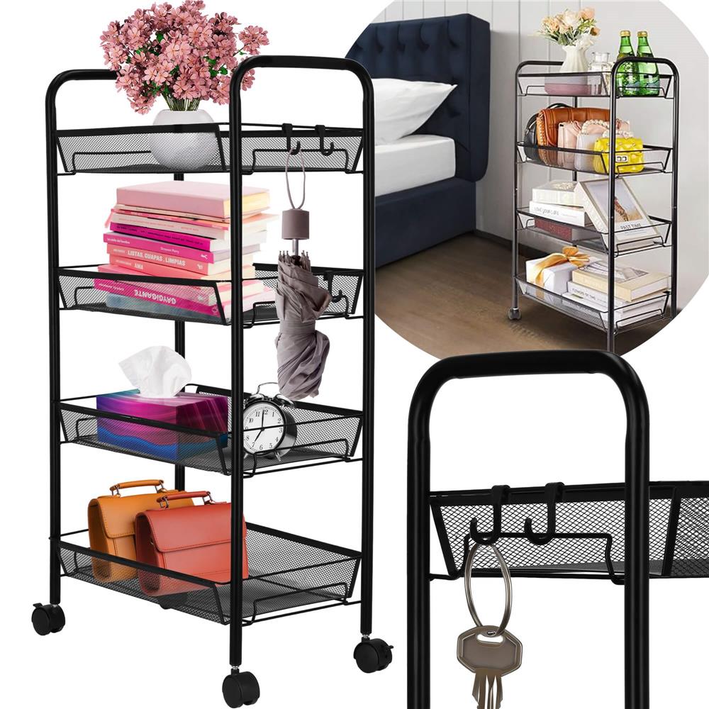 Raft metalic mobil tip carucior pentru bucatarie, 4 polite si 4 agatatori, negru, 44x26x85cm