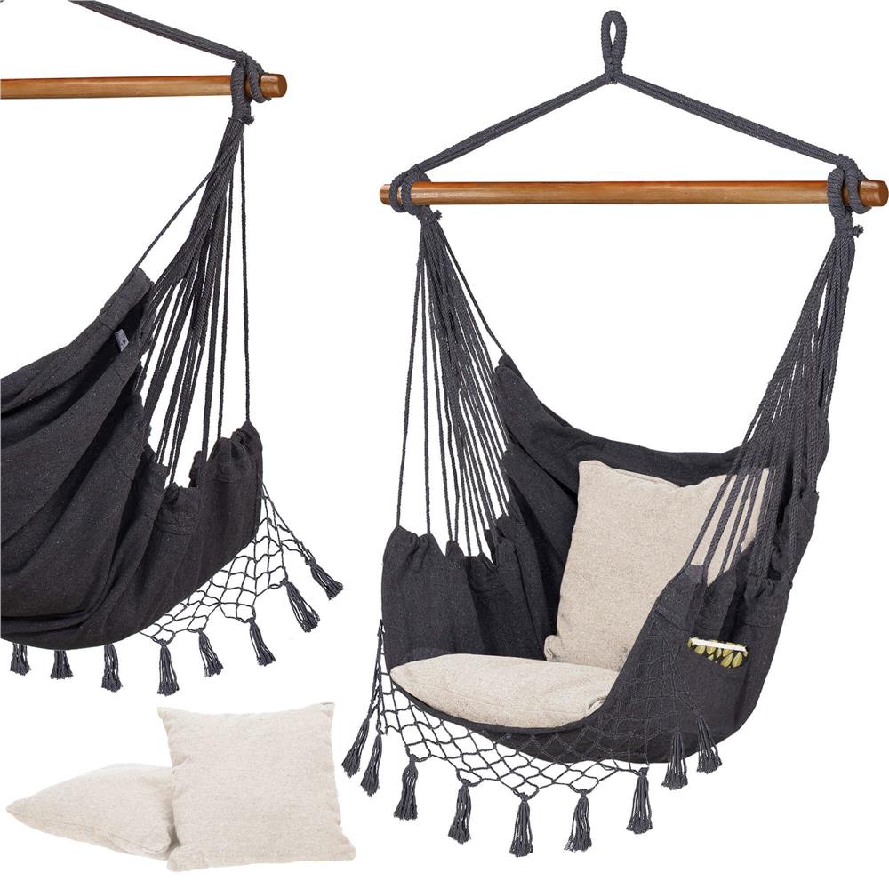 Hamac tip leagan suspendat pentru casa sau gradina HM43, gri inchis cu perne, 130x100cm, 150kg