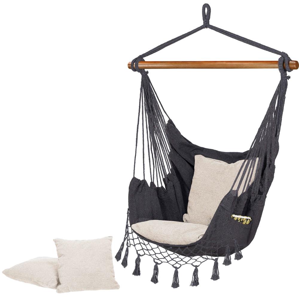 Hamac tip leagan suspendat pentru casa sau gradina HM43, gri inchis cu perne, 130x100cm, 150kg
