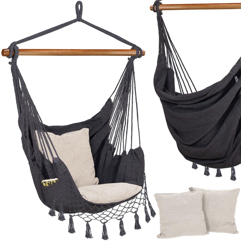 Hamac tip leagan suspendat pentru casa sau gradina HM43, gri inchis cu perne, 130x100cm, 150kg