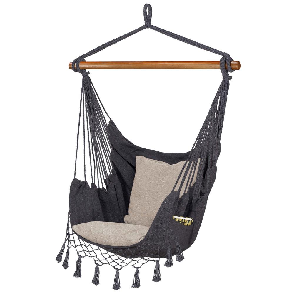 Hamac tip leagan suspendat pentru casa sau gradina HM43, gri inchis cu perne, 130x100cm, 150kg