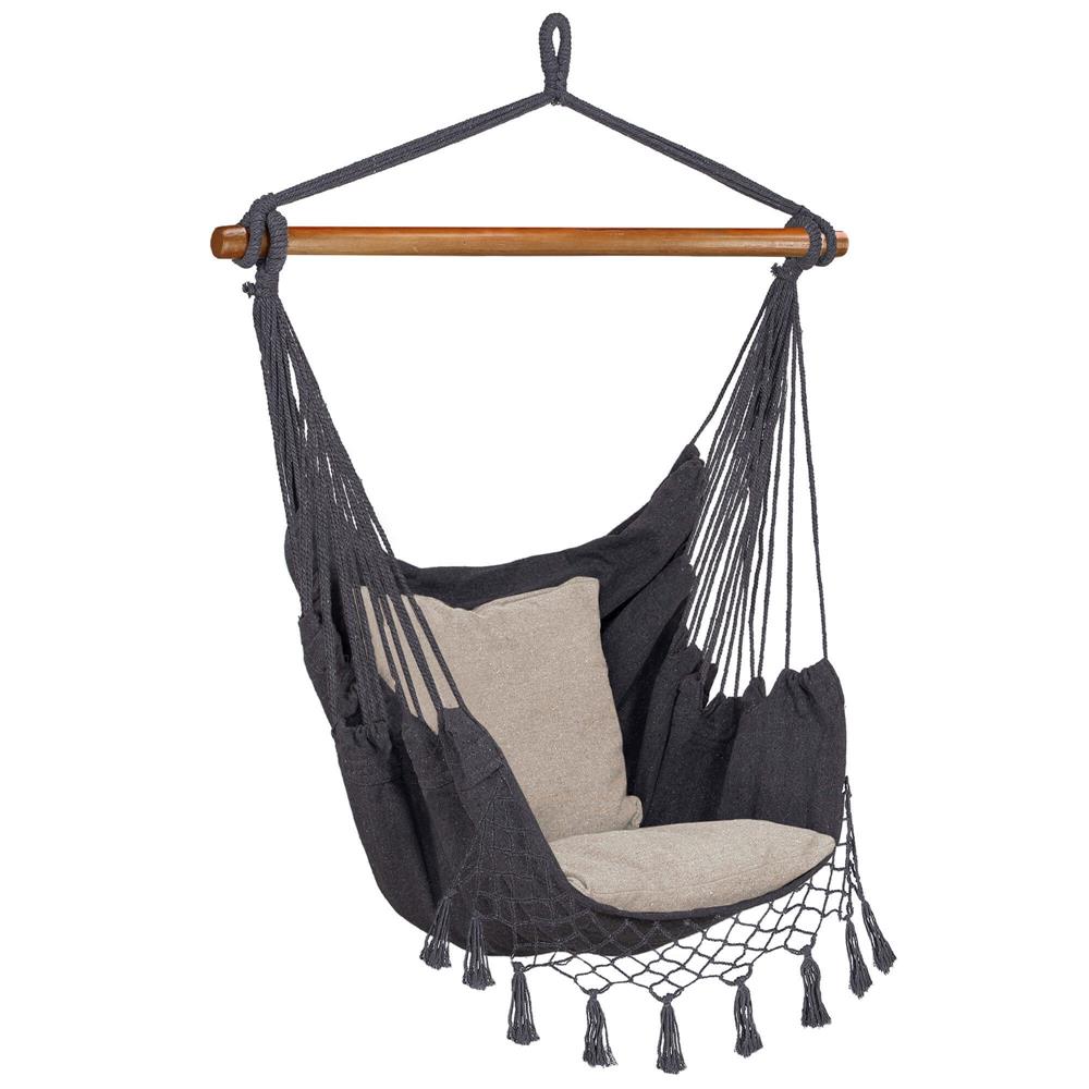 Hamac tip leagan suspendat pentru casa sau gradina HM43, gri inchis cu perne, 130x100cm, 150kg