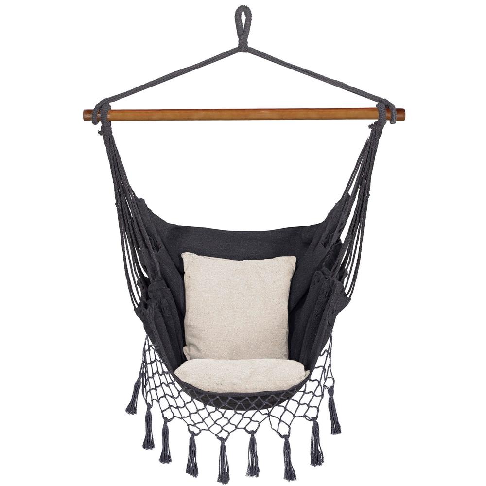 Hamac tip leagan suspendat pentru casa sau gradina HM43, gri inchis cu perne, 130x100cm, 150kg