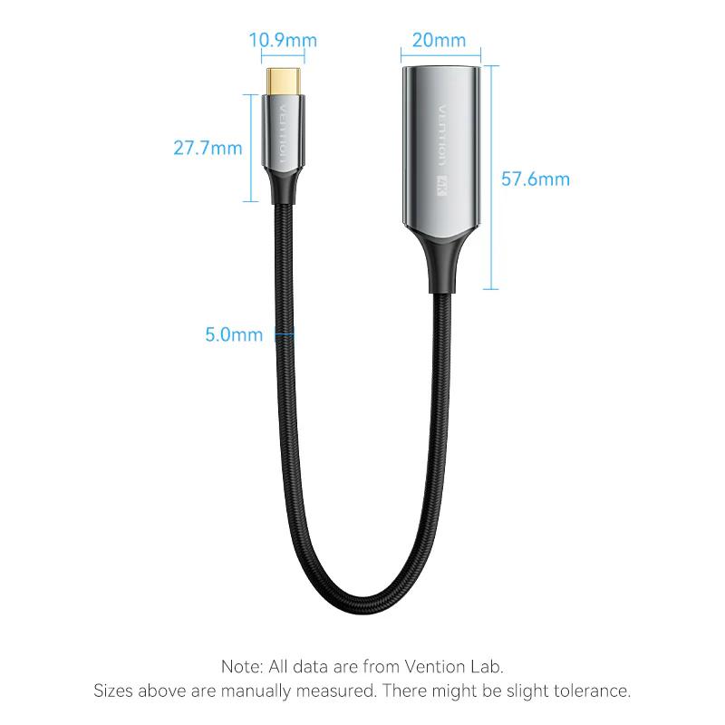 Adaptor video Vention, USB-C (T) la HDMI (M), 0.25m, rezolutie 4K la 60Hz, conectori auriti, gri, 