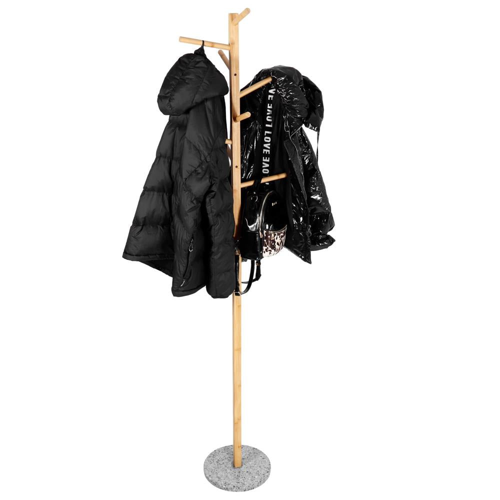 Cuier tip pom din bambus cu baza de granit, 8 agatatoare, 182cm, natur