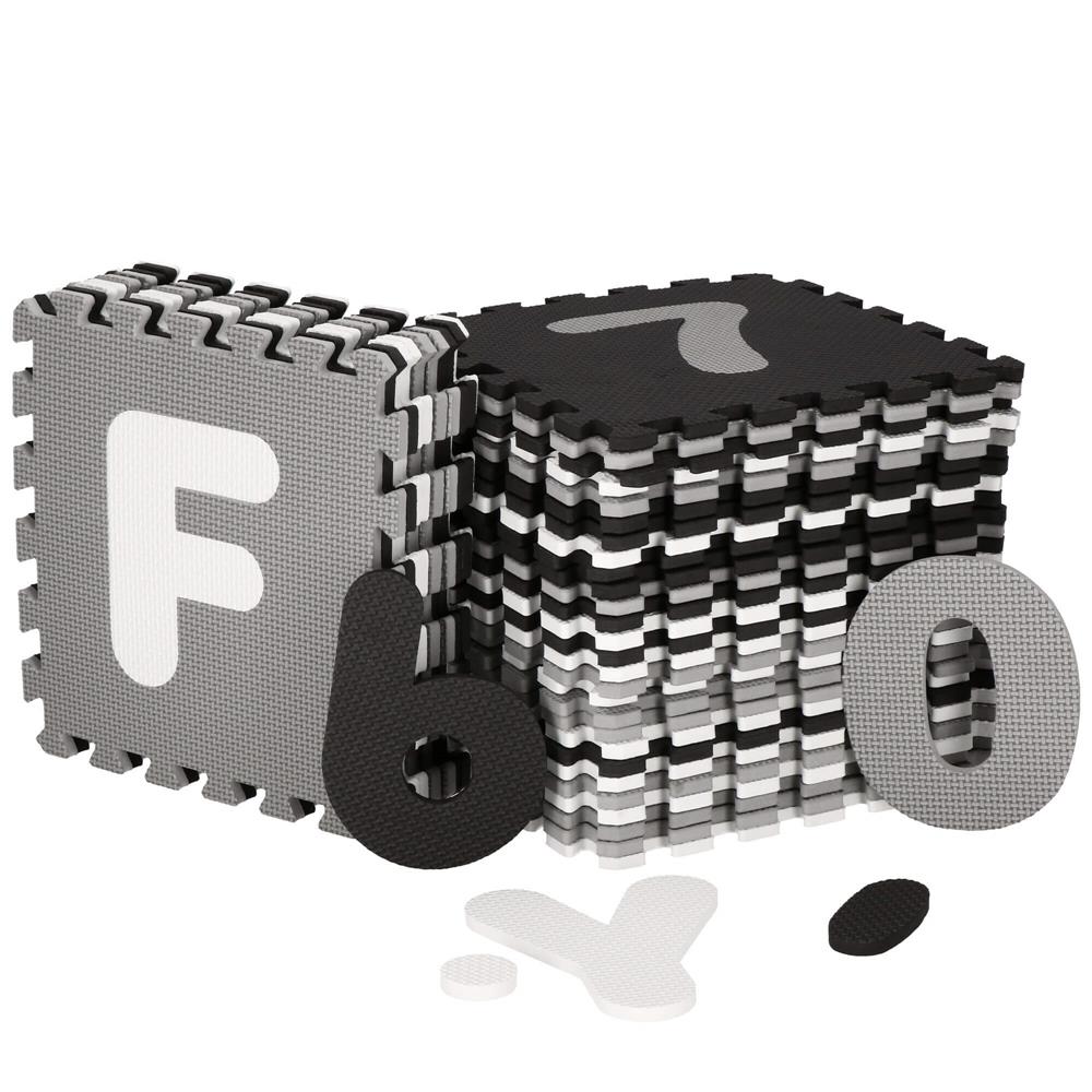 Covor din spuma pentru copii, tip puzzle alfabet si numere, 110 piese, termoizolant, 175x175 cm, negru, gri