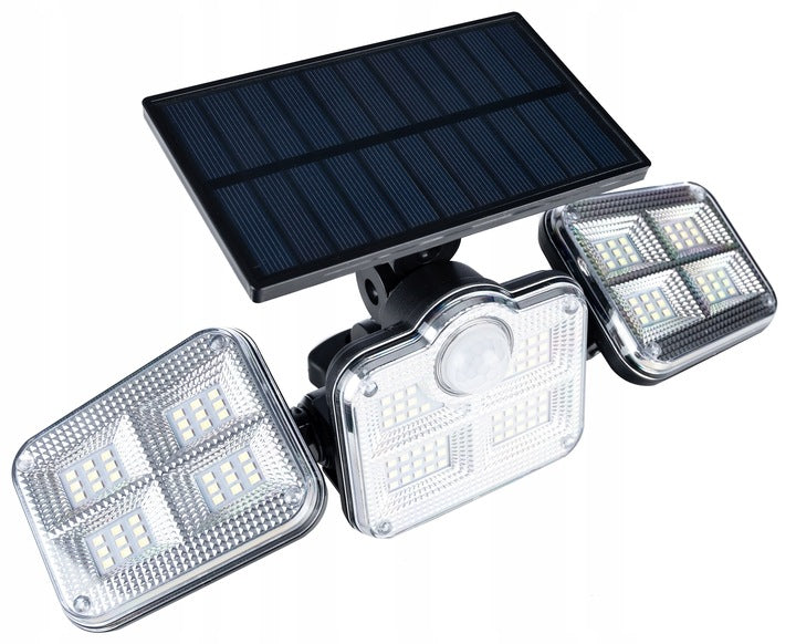 Proiector LED solar modular cu 3 lampi, senzor de miscare, 122LED-uri, cu telecomanda