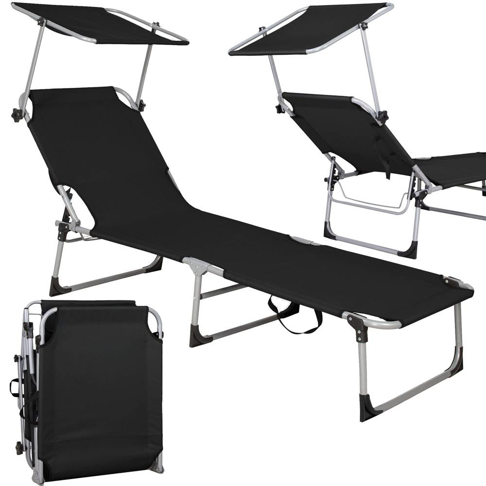 Sezlong pliabil cu parasolar, 188x57x38cm, sarcina 120kg, gri antracit