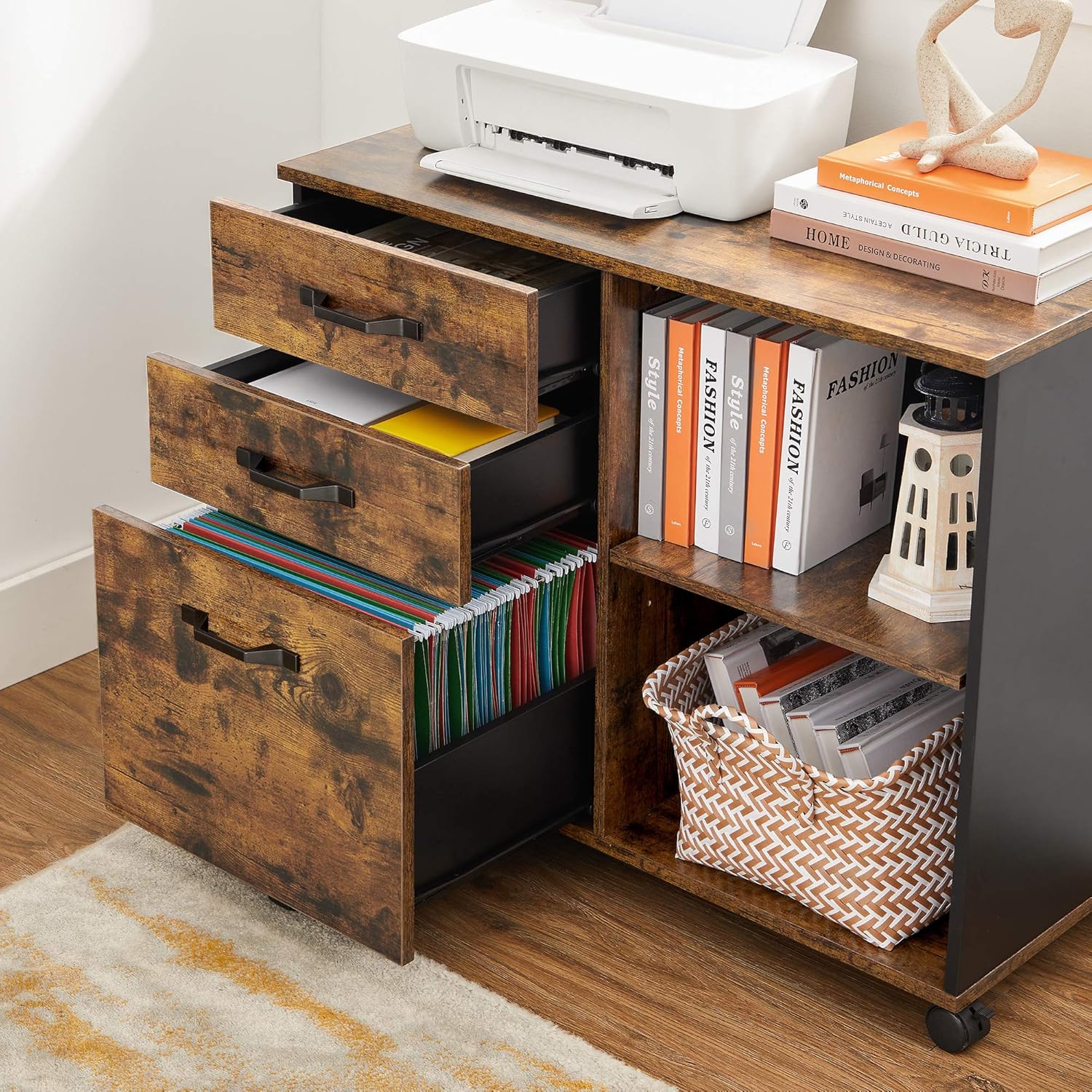 VASAGLE Dulap mobil tip rollbox pentru birouri, sertar cu sina suport dosare, stil industrial, 40x80x66 cm, maro rustic