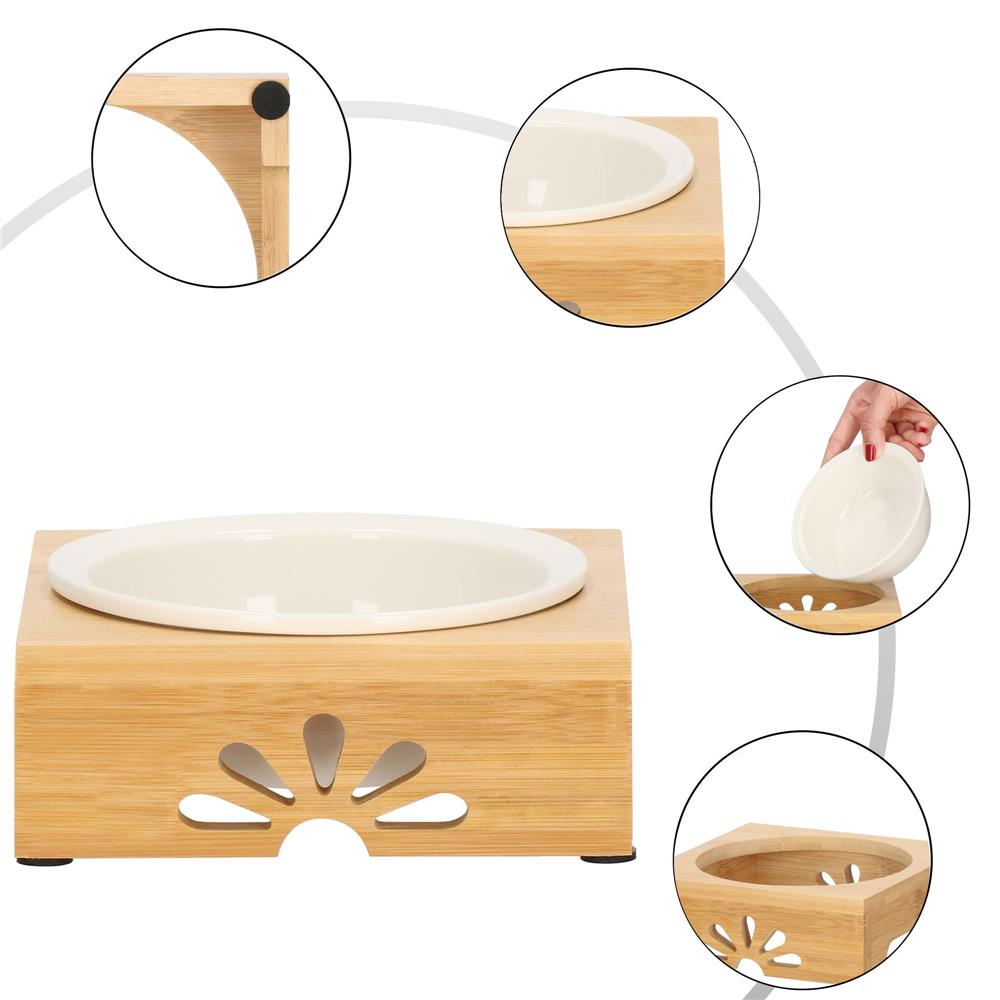 Castron ceramica, bol, pentru caine sau pisica, cu suport din bambus, 15cm