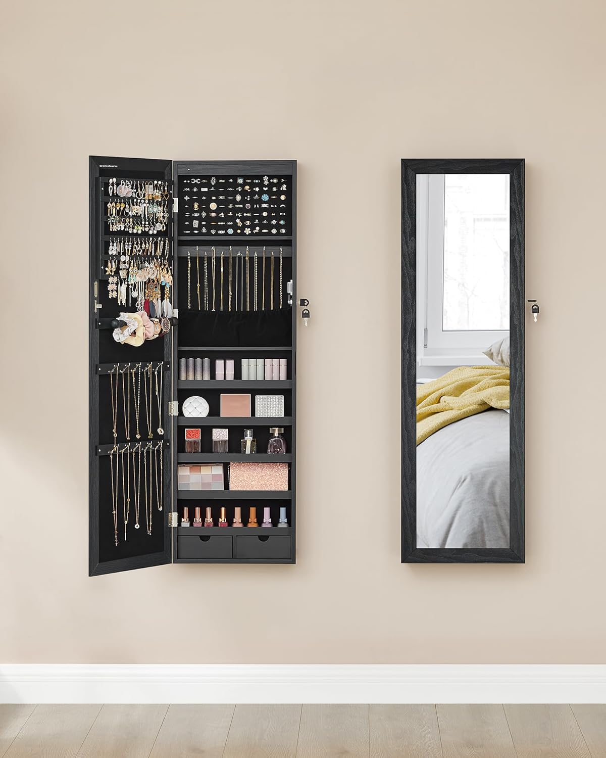 SONGMICS Dulap pentru bijuterii cu oglinda, montare pe perete sau usa, material MDF, inchidere cu cheie, 120x37x10 cm, negru