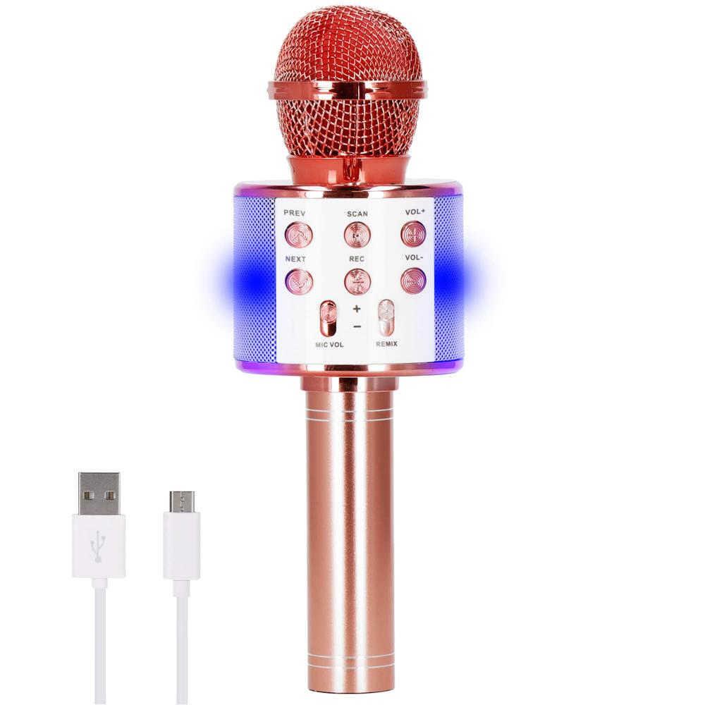 Microfon karaoke copii, wireless, cu acumulator, compatibil iOS si Android, functie de schimbare a vocii, roz