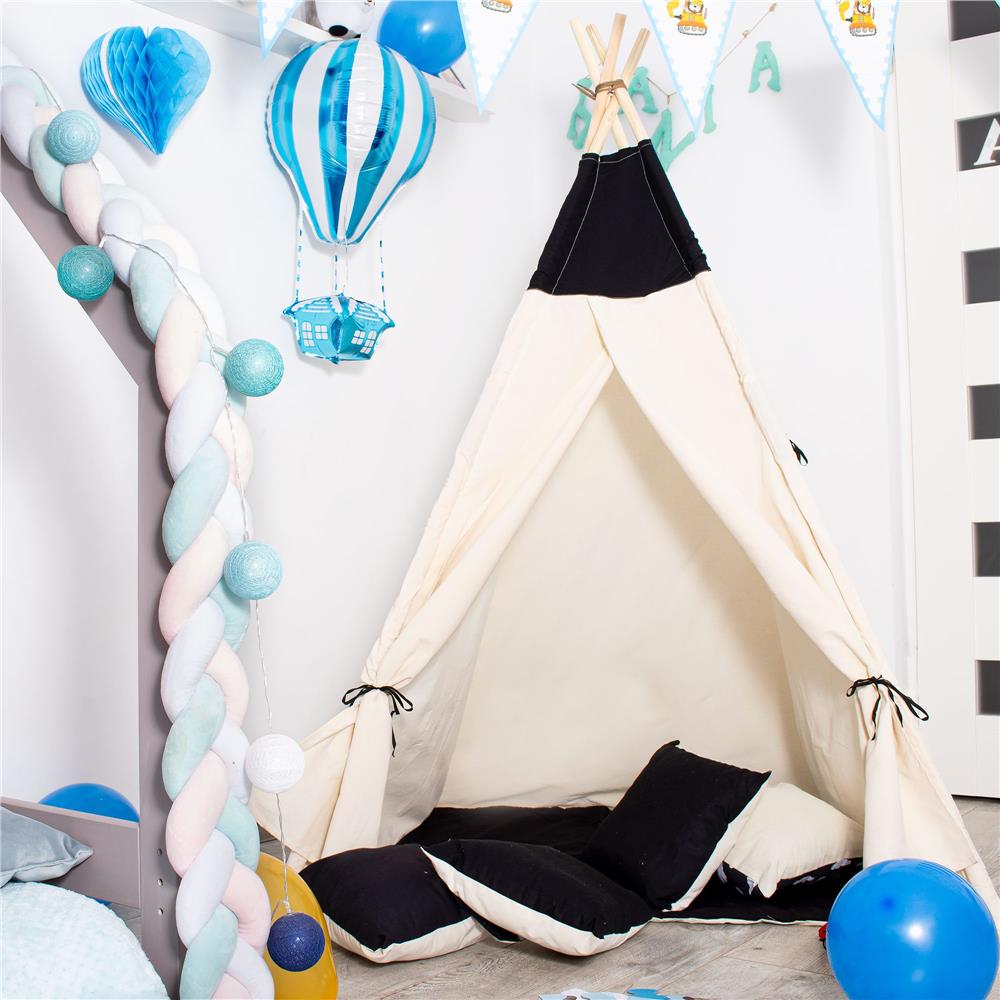 Cort copii Sersimo stil indian Teepee Tent cu fereastra, covoras gros si 2 perne, alb negru