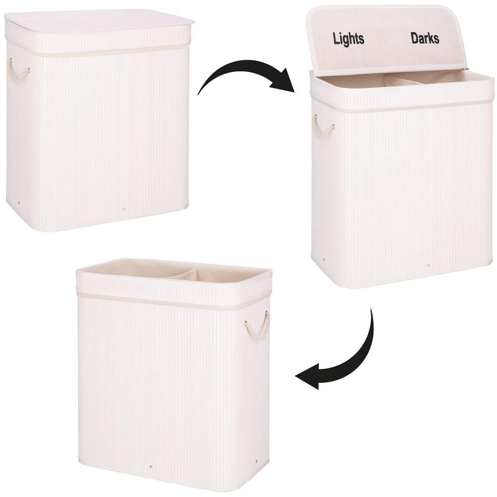 Cos de rufe din bambus cu capac, 2 compartimente, sac detasabil, volum 100L, 54x35x60cm, alb - 14