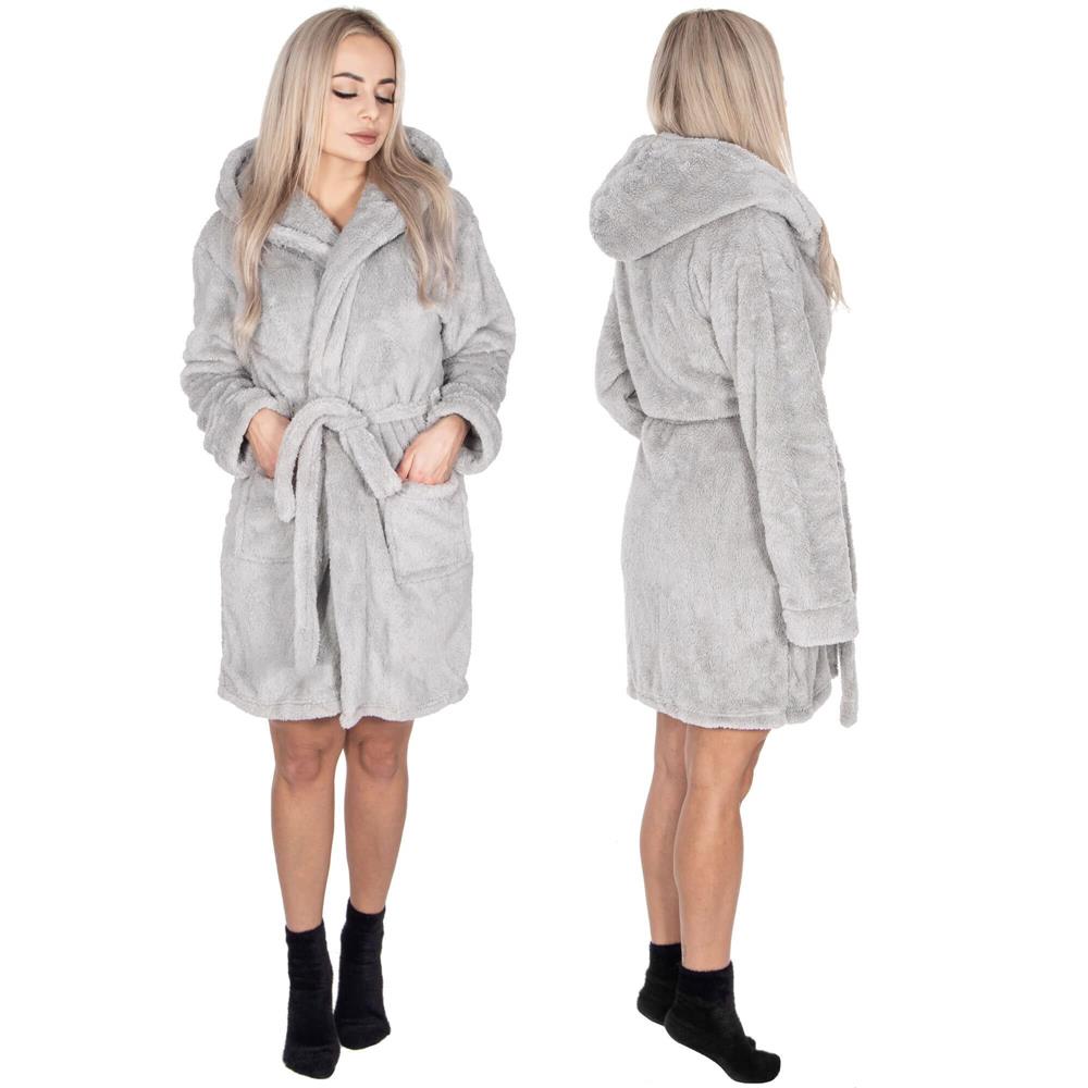 Halat de baie pentru femei pana la genunchi, cu gluga, marimea L/XL, gri