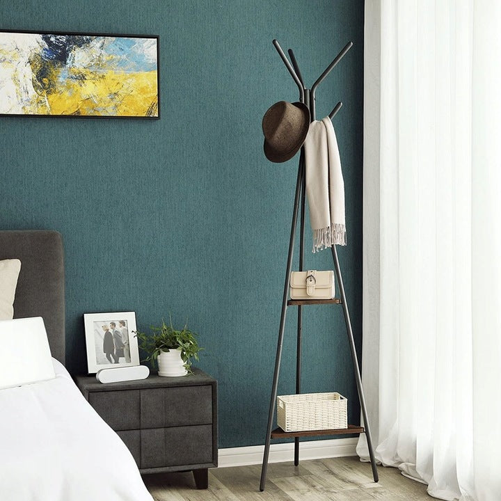 VASAGLE Cuier metalic, cu ​​2 rafturi MDF, inaltime 179cm, stil industrial, maro rustic si negru