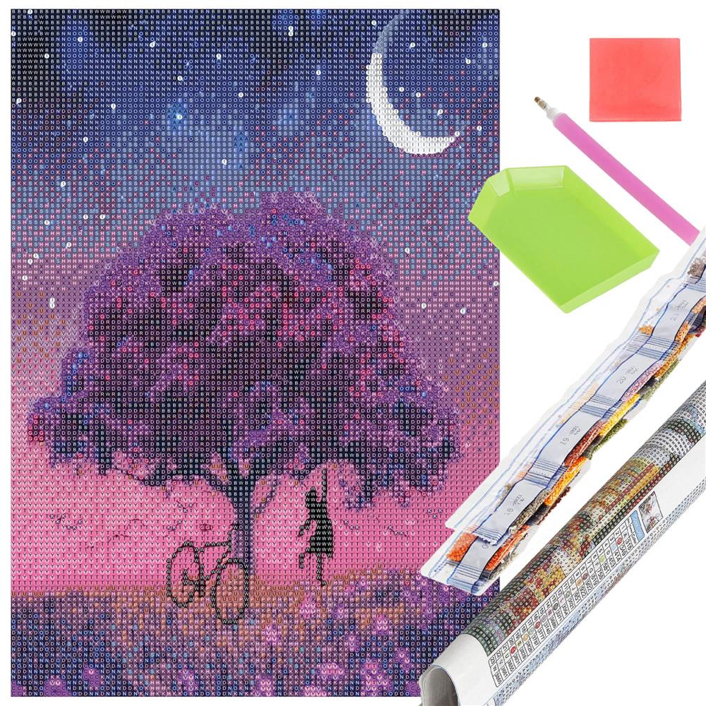 Set de broderie cu diamante 5D, 30x40cm, model Pom inflorit sub luna