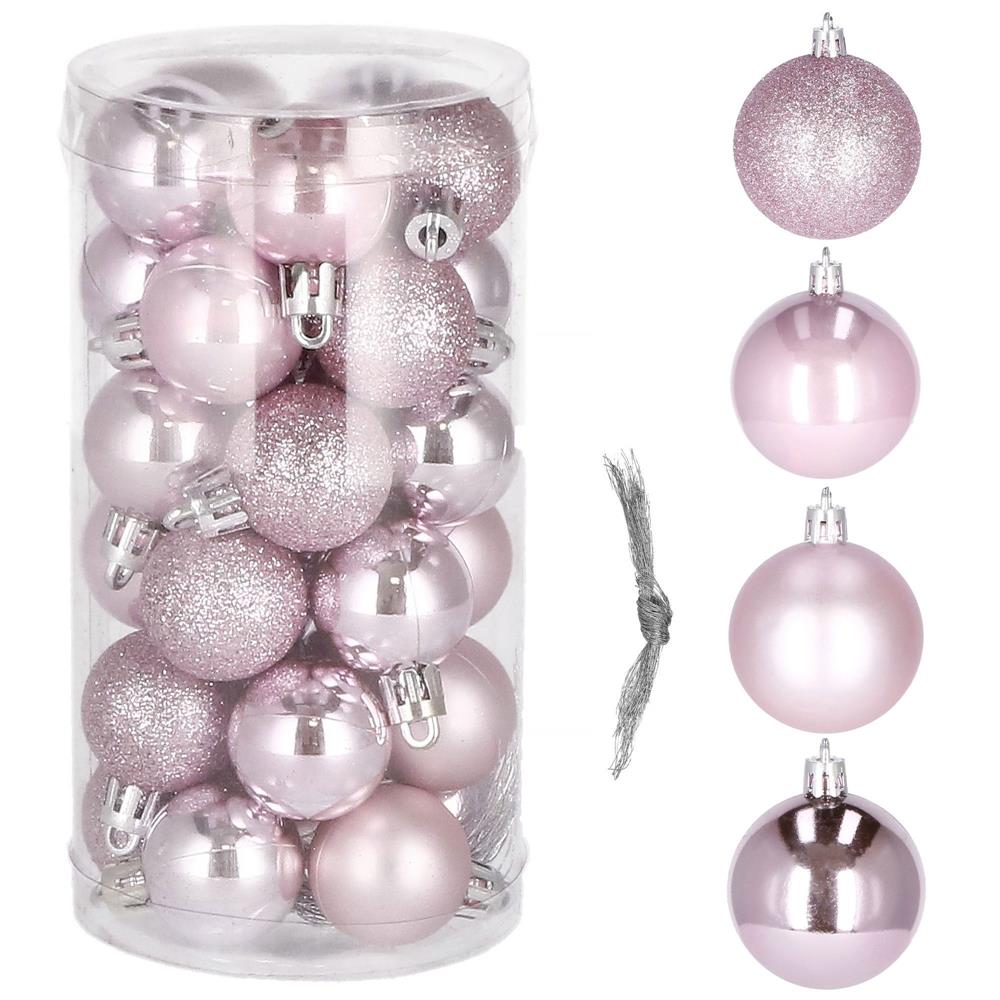 Set globuri de Craciun, 30 bucati, 4 modele, 3cm, roz