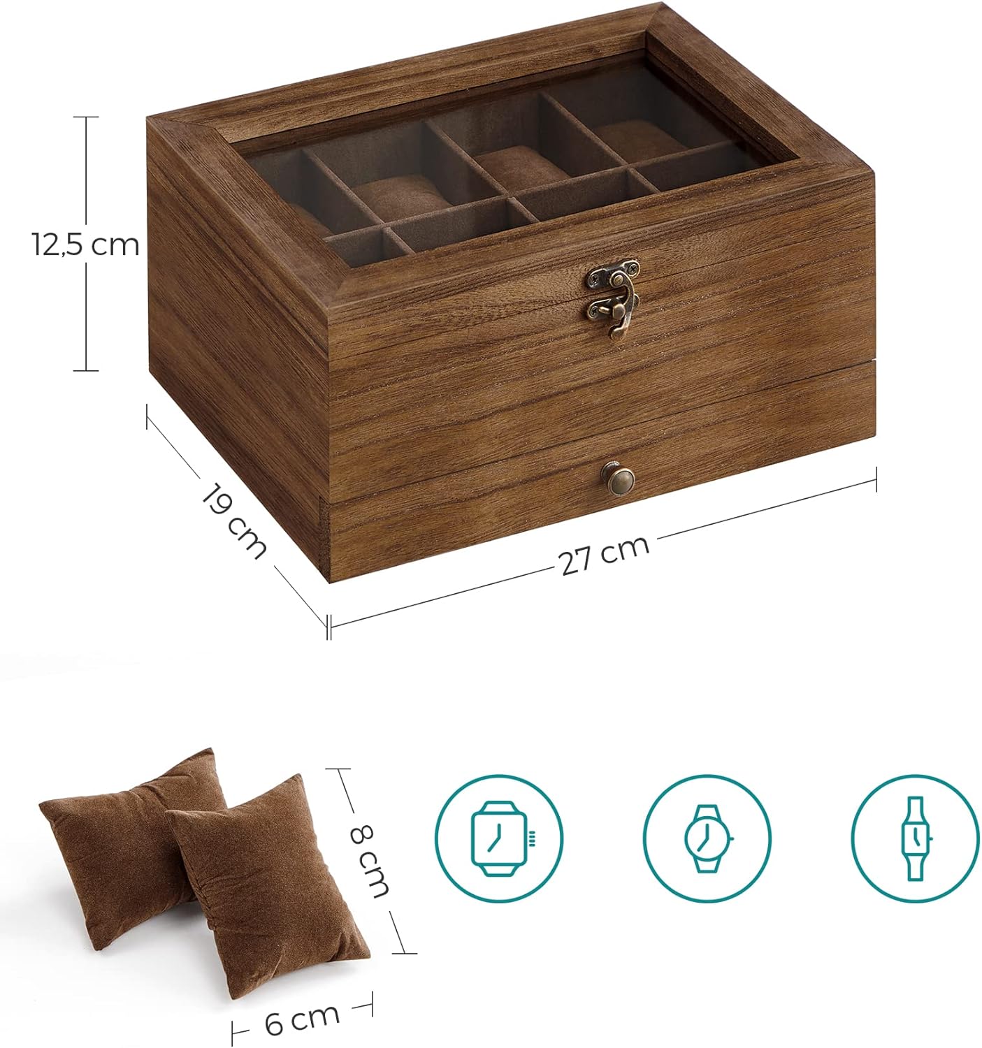 SONGMICS Cutie de ceasuri din lemn masiv, 8 compartimente si sertar bijuterii, 19x27x13cm, nuc rustic