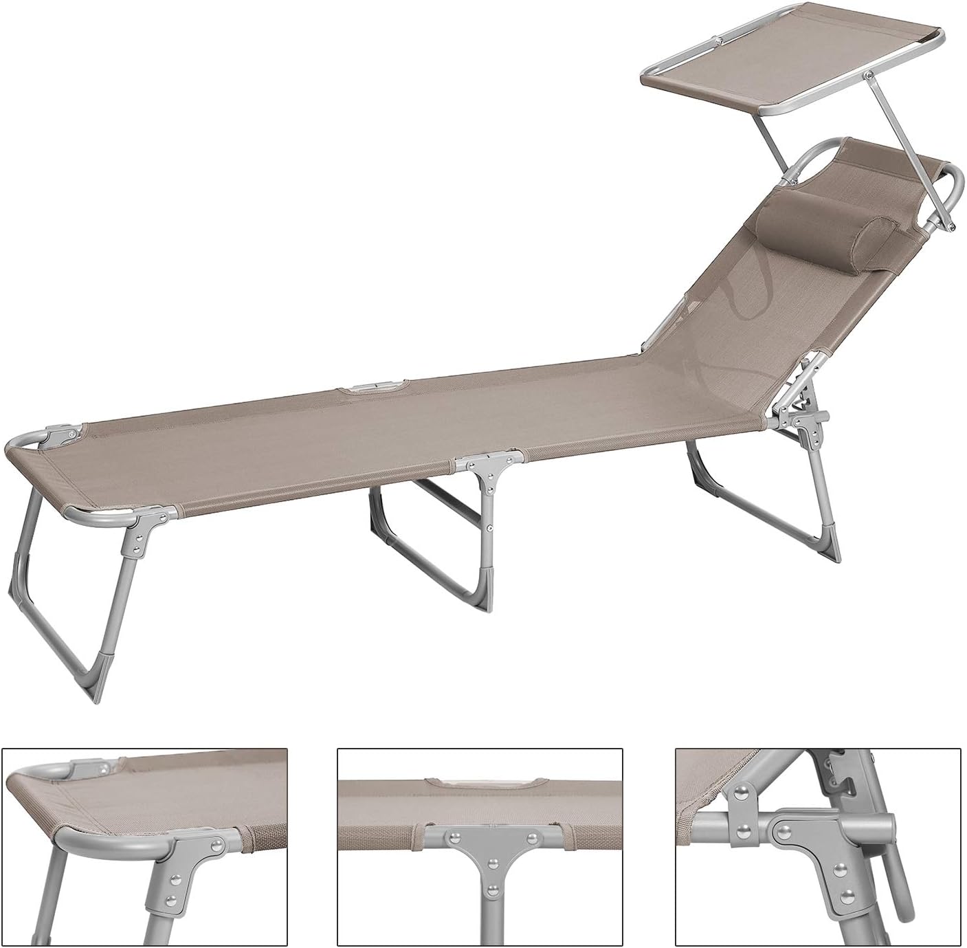 SONGMICS Sezlong pliabil, cu parasolar si tetiera, spatar reglabil in 4 pozitii, maxim 150kg, 193x53x29cm, crem
