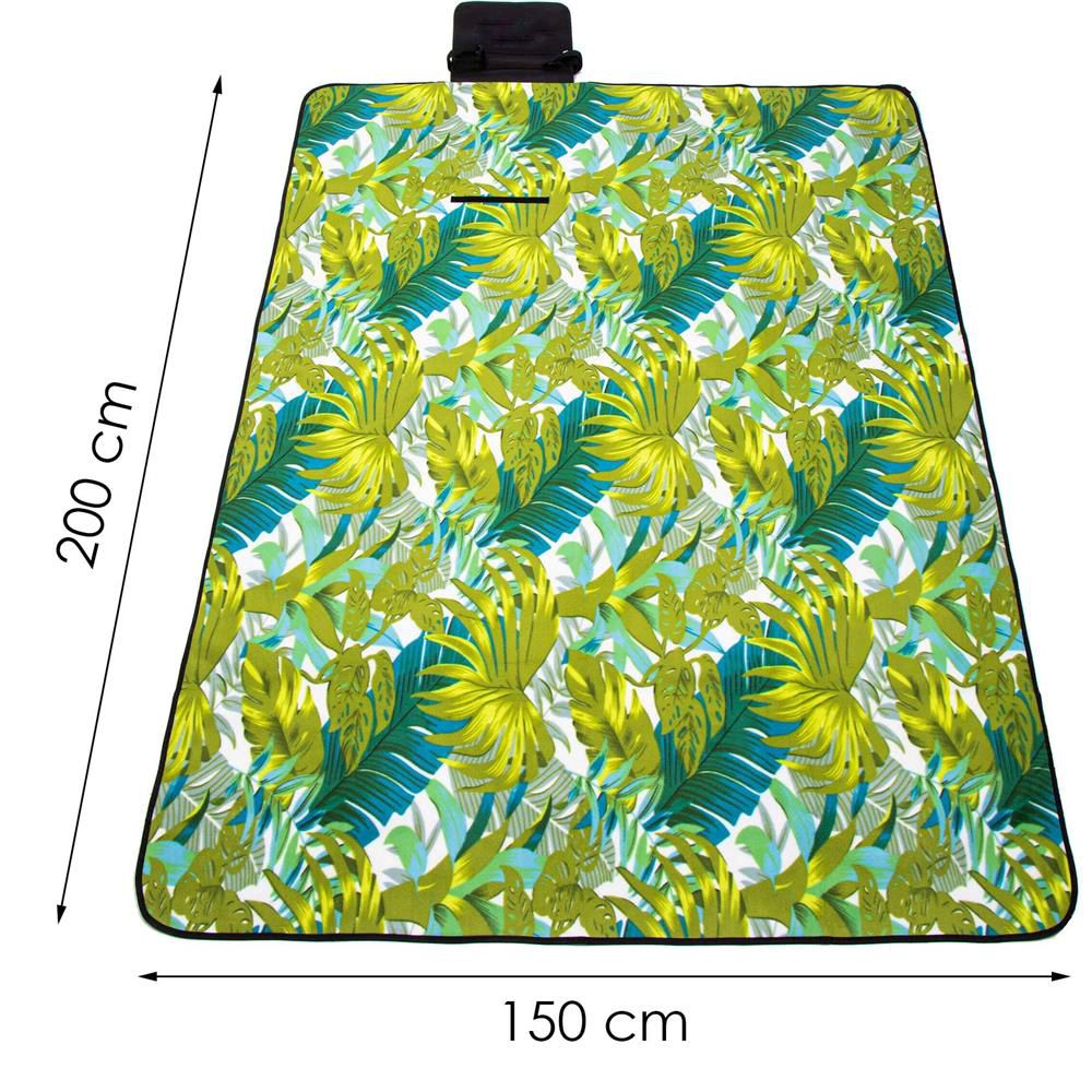 Patura pentru picnic sau plaja, cu folie izolatoare si maner, 150x200cm, model frunze, verde