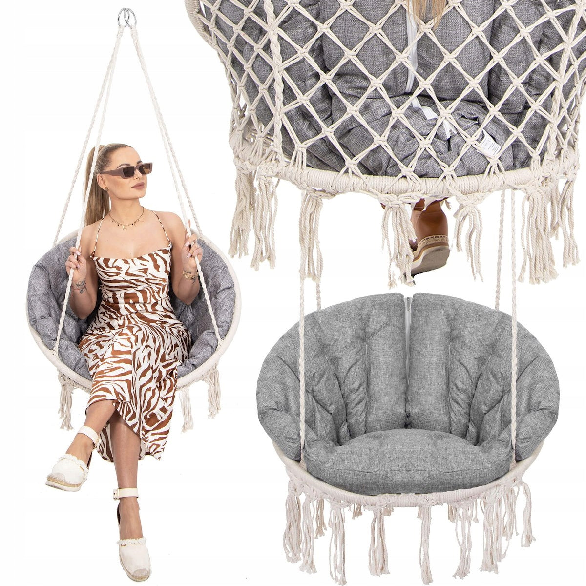 Scaun rotund Sersimo tip leagan suspendat cu perna Confort Plus casa sau gradina, bej