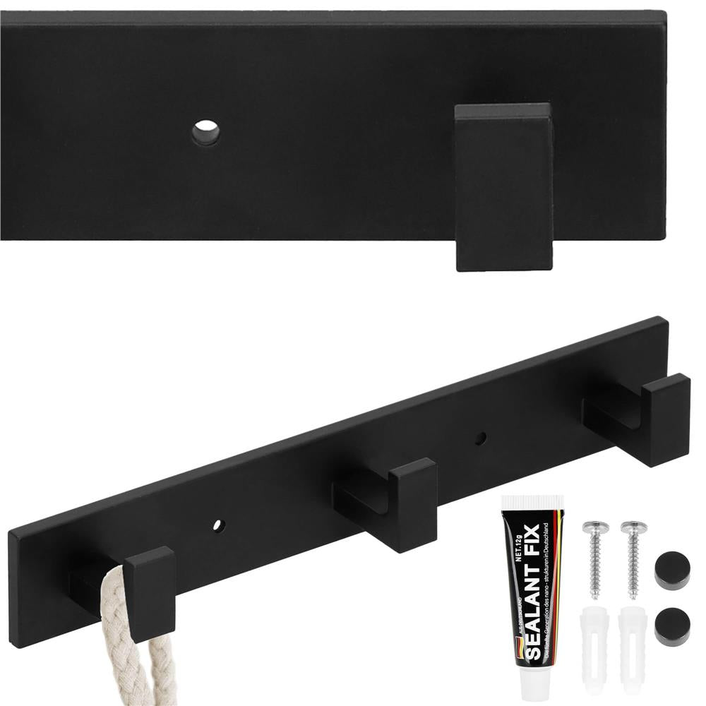 Cuier de baie pentru prosoape cu 2 sisteme instalare, aluminiu, 3 agatatori, 25x4cm, negru