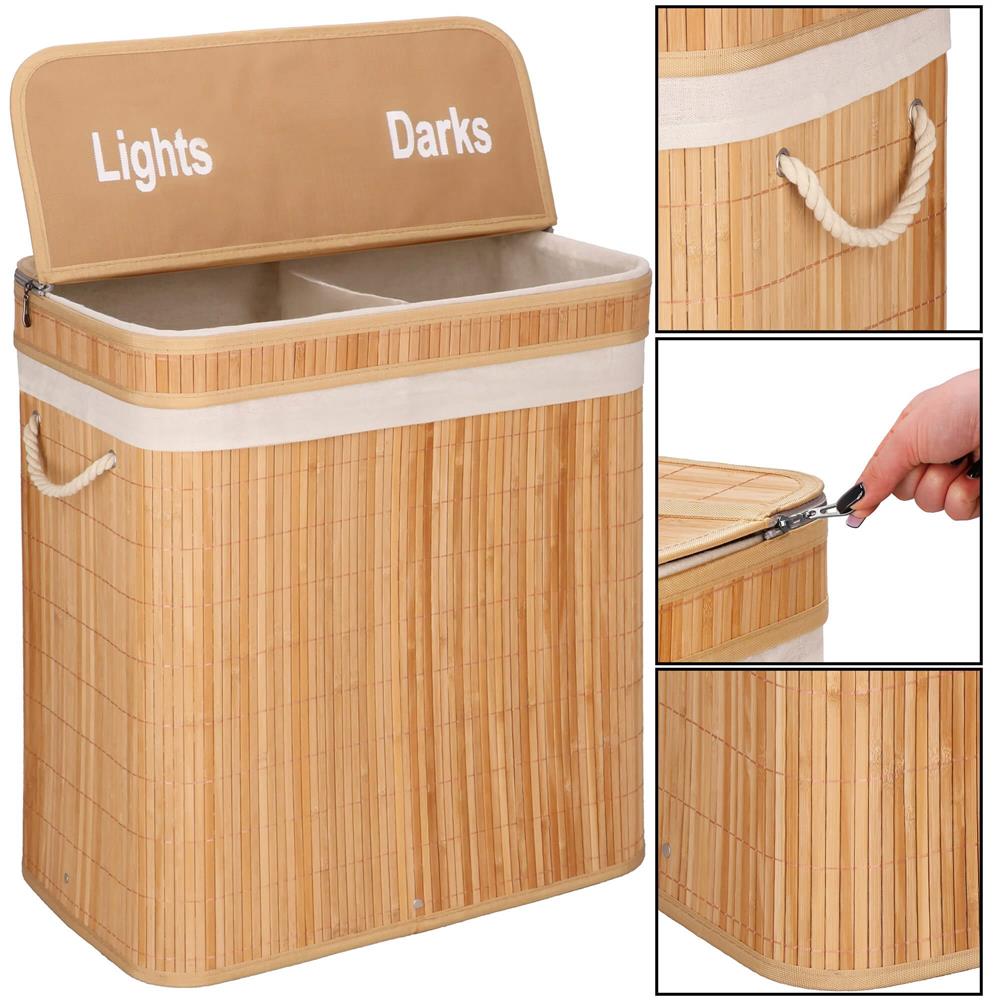 Cos de rufe din bambus cu capac, 2 compartimente, sac detasabil, volum 100L, 53x32x62cm, maro