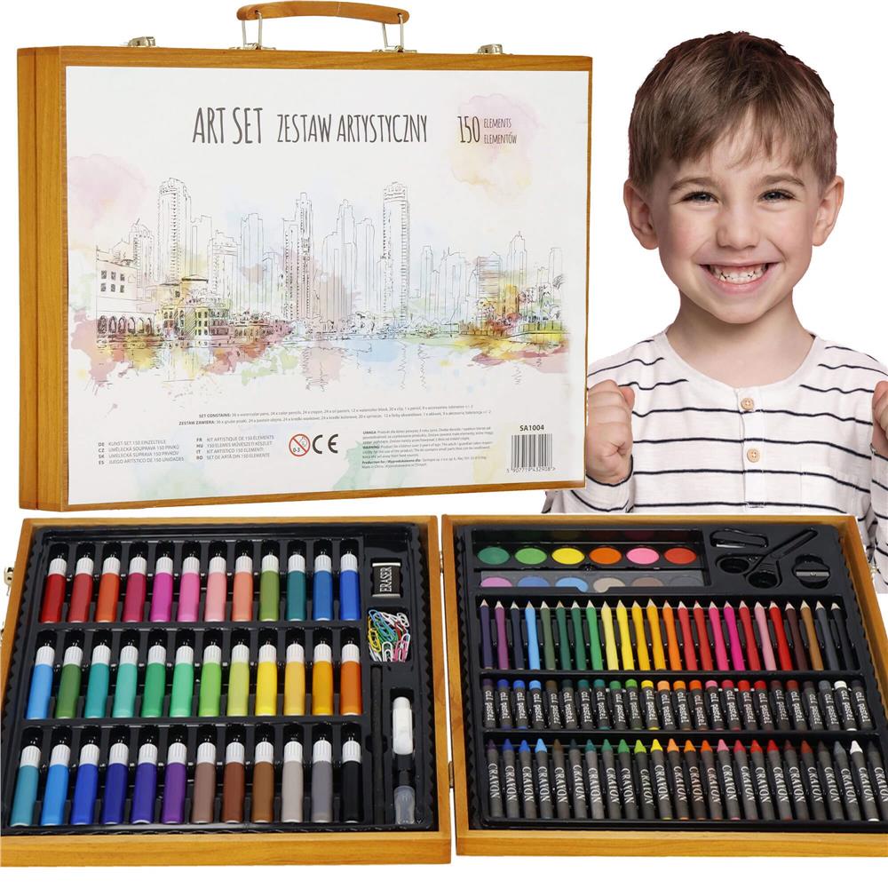 Set de pictura si desen pentru copii, 150 de piese, trusa lemn maro