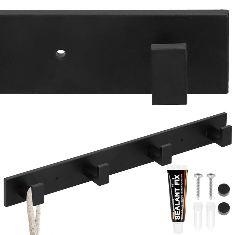 Cuier de baie pentru prosoape cu 2 sisteme instalare, aluminiu, 4 agatatori, 35x4cm, negru