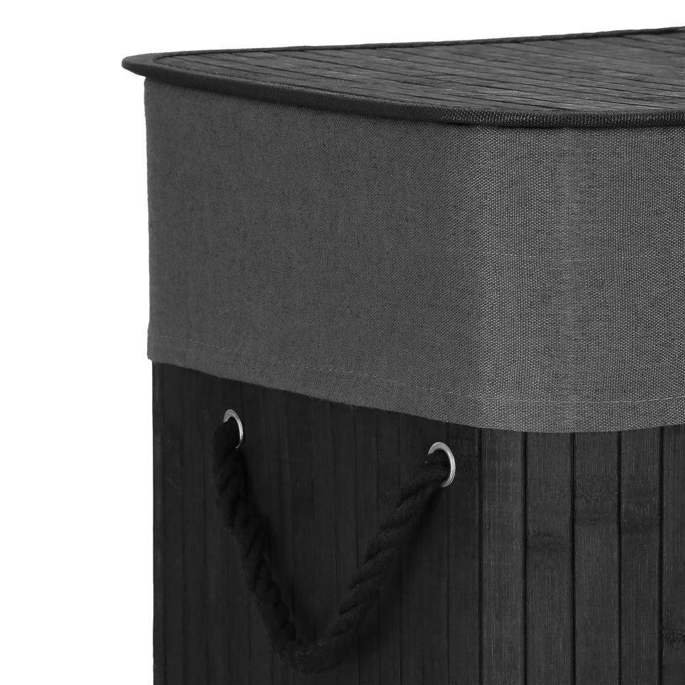 Cos de rufe din bambus cu capac, 2 compartimente, sac detasabil, volum 100L, 54x34x60cm, negru