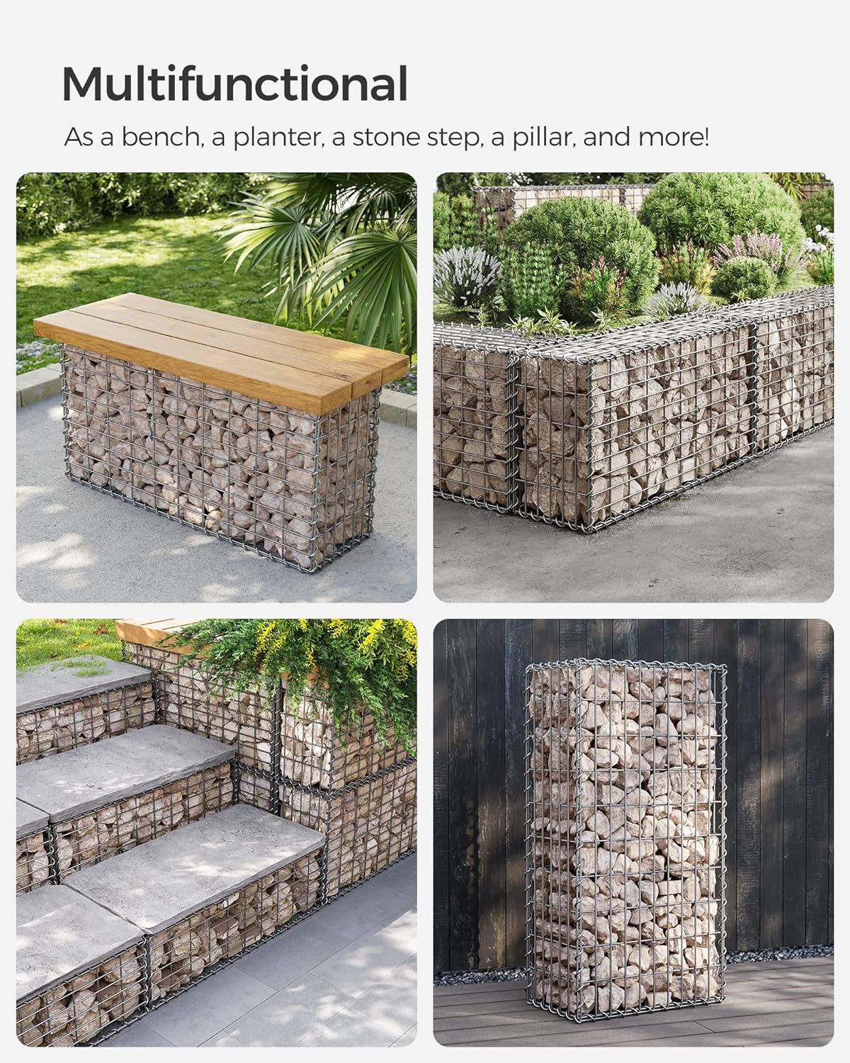 SONGMICS Cos de gabioane pentru pietre, otel galvanizat, 100x50x30cm, argintiu