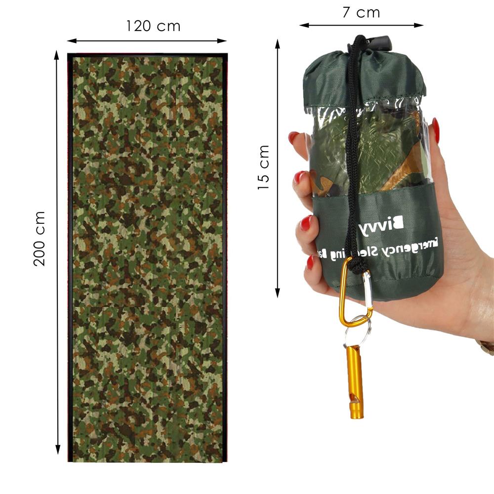 Sac de supravietuire anti hipotermie, umezeala, ploaie si vant, 120x200cm, verde camuflaj