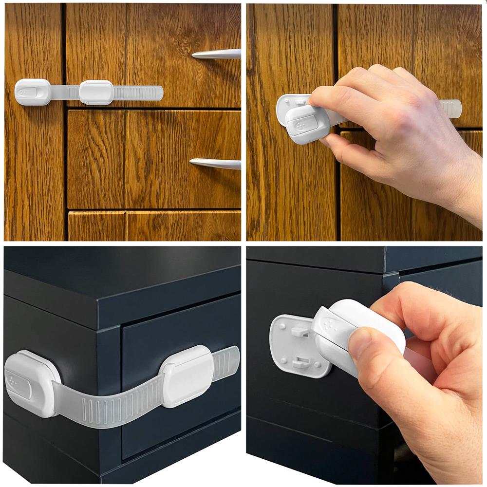 Set 8 sigurante blocator sertare si usi, plastic si silicon, ajustabile, 19 cm, alb