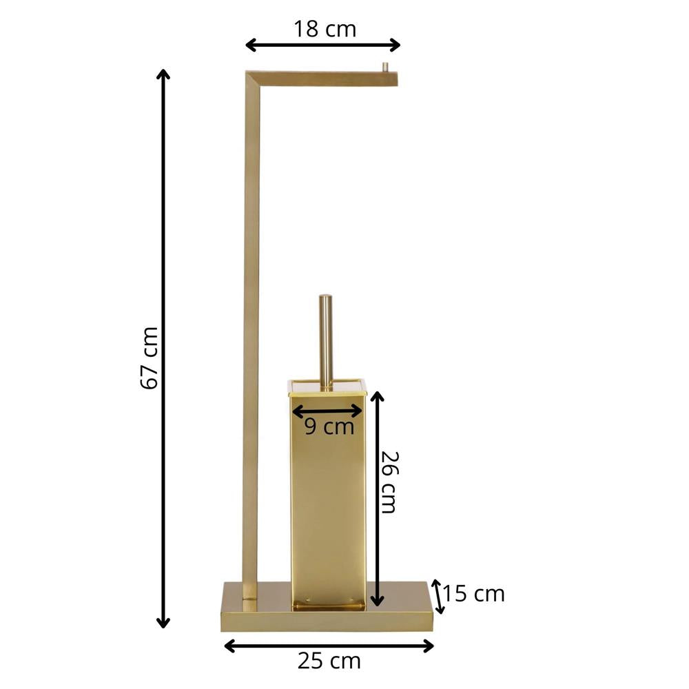 Stand cu perie WC si suport hartie igienica, metal si bambus, 67cm, auriu