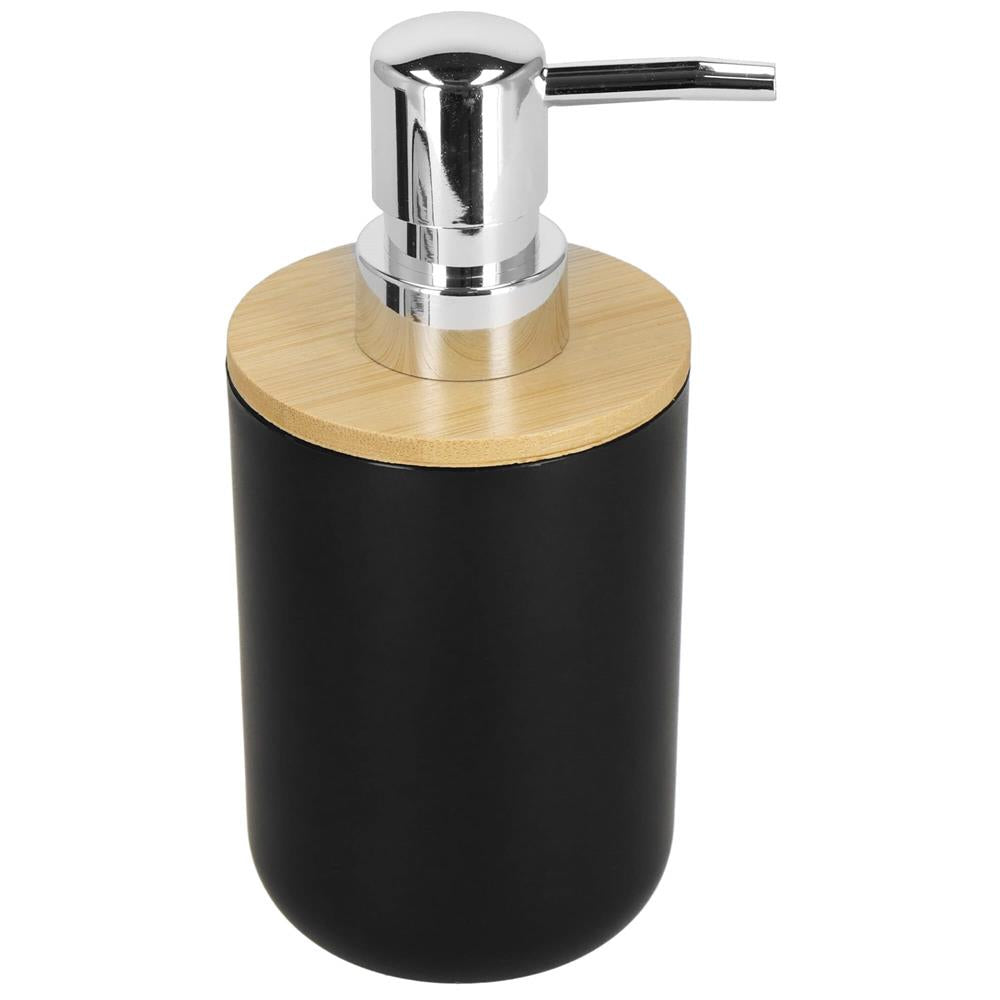 Set de accesorii rotunde pentru baie din plastic cu elemente bambus, 6 piese, negru