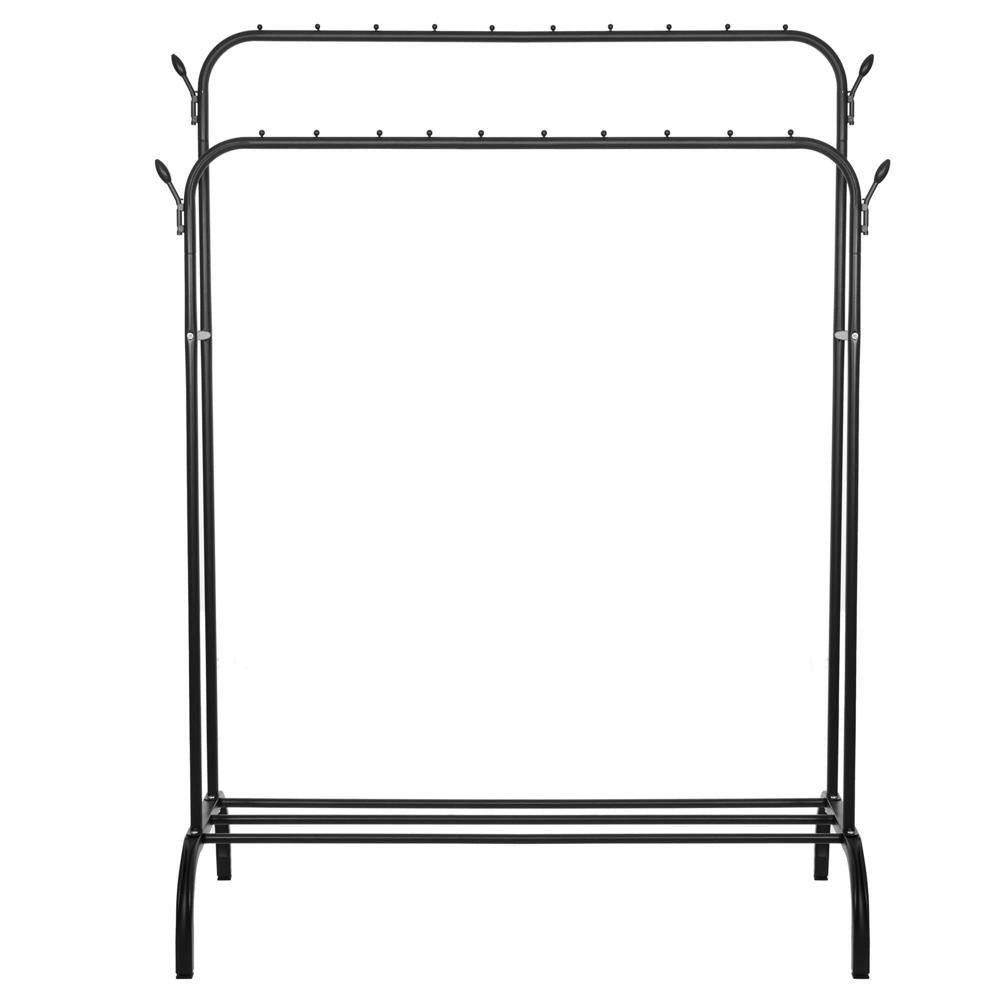 Suport pentru haine cu cadru metalic, cu sina dubla de agatat si carlige cuier, 55x110x146cm, negru