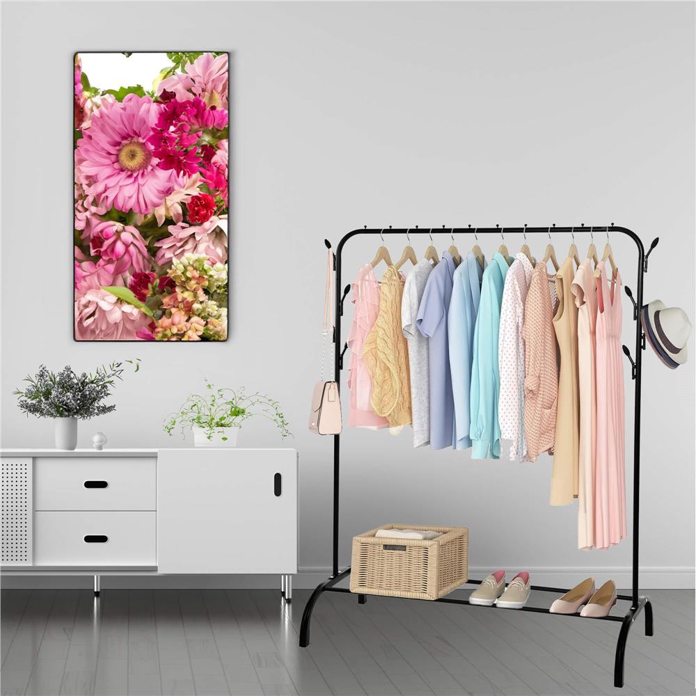 Suport pentru haine cu cadru metalic, cu sina de agatat si carlige cuier, 40x110x146cm, negru