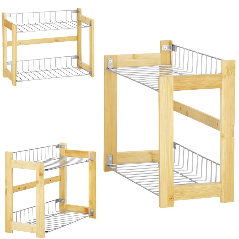 Suport organizator multifunctional cu 2 etaje, bambus si metal, 33x14x25cm
