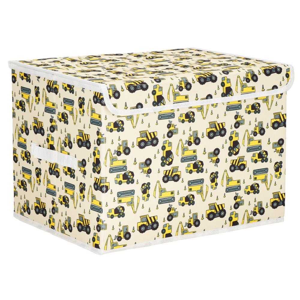 Cutie depozitare jucarii, pliabila cu capac, model utilaje constructii, 30x32x43cm, crem