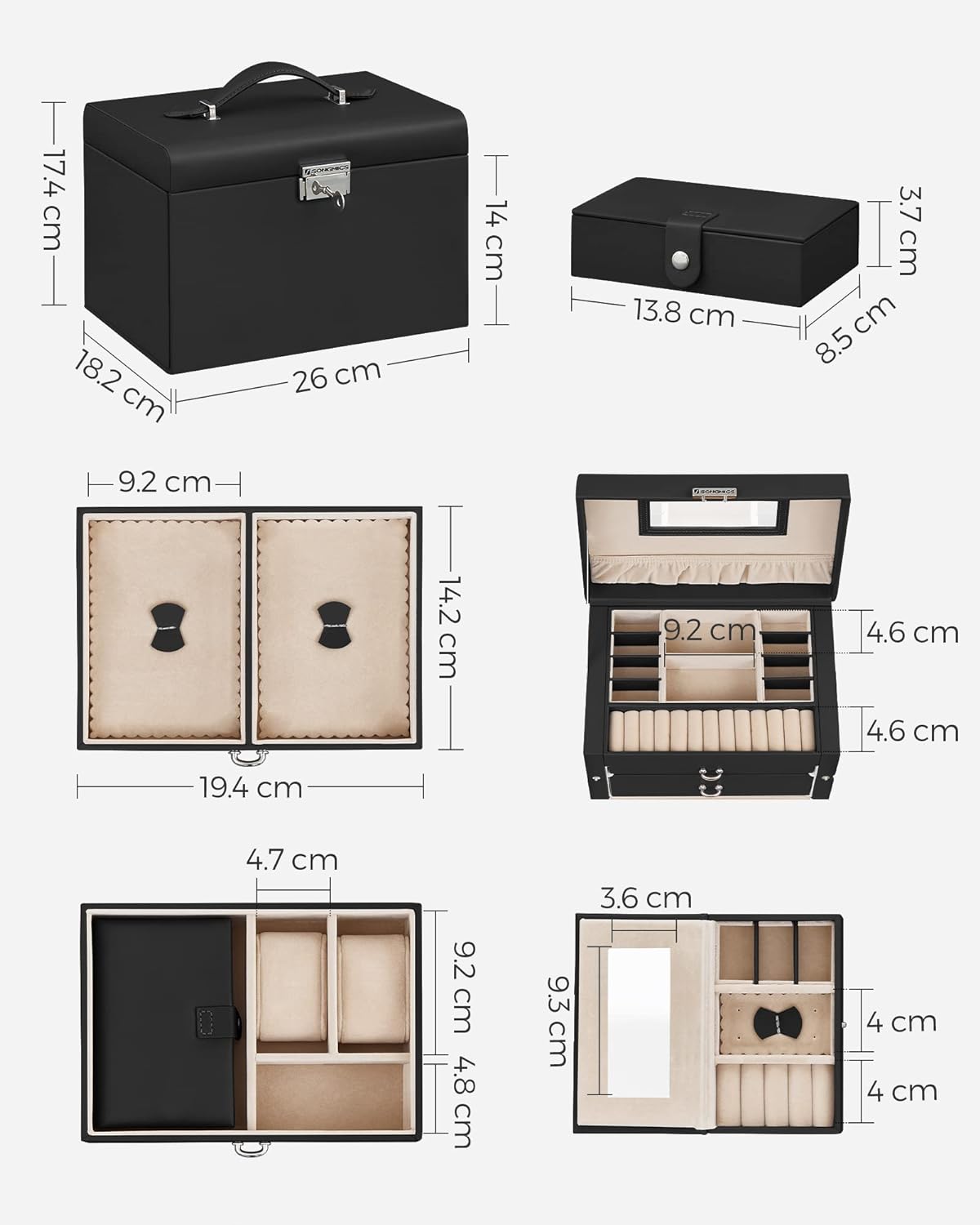 Cutie de bijuterii pe 3 nivele, cu 2 sertare, oglinda, maner, inchidere cu cheie, 18x26x17cm, negru