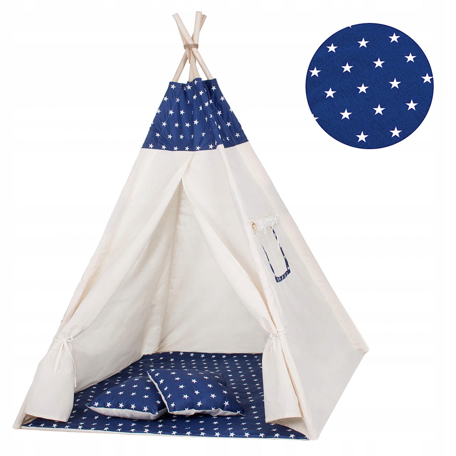 Cort copii Sersimo stil indian Teepee Tent cu fereastra, covoras gros si 2 perne, alb albastru inchis cu stelute