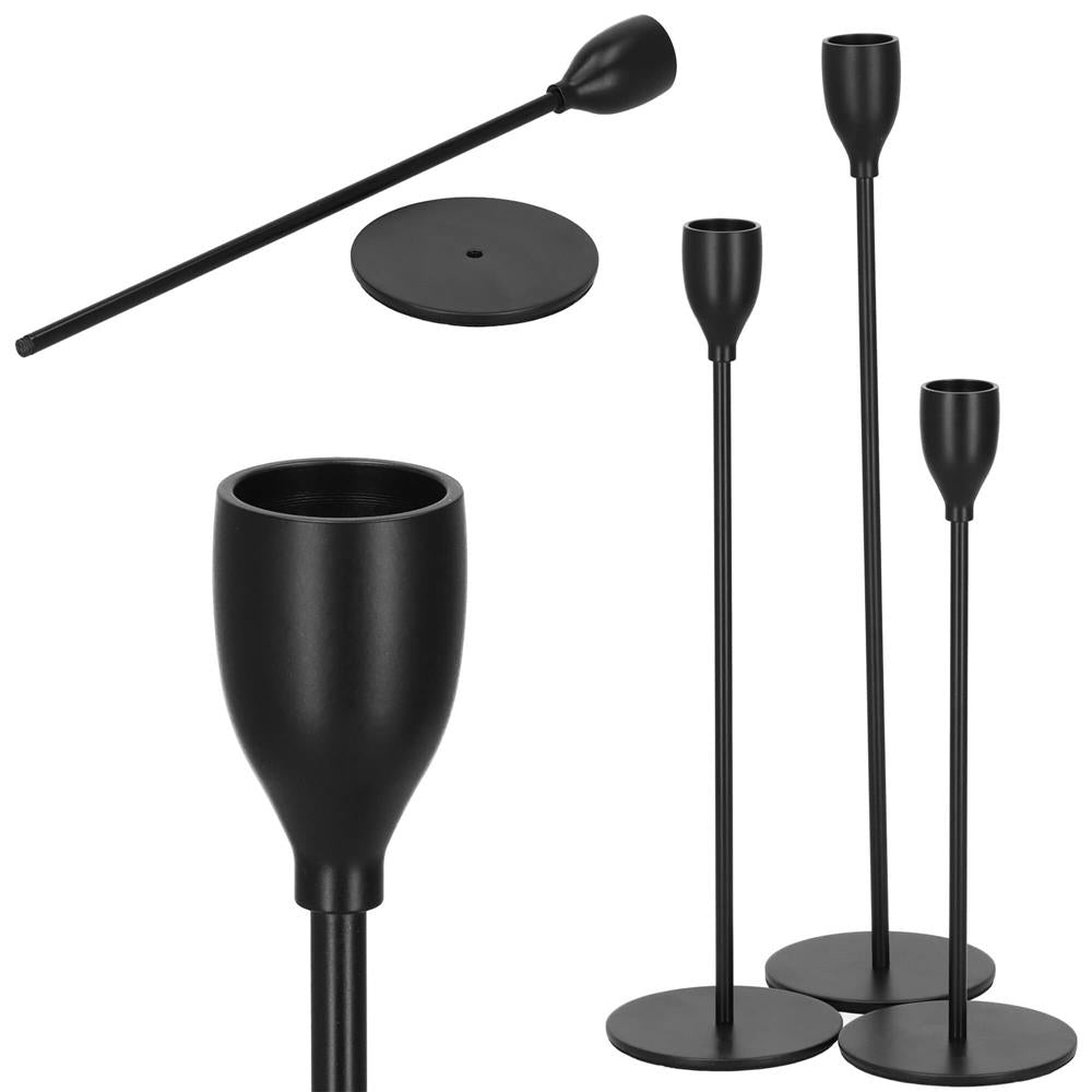Set 3 suporturi de lumanare din metal, 23, 28 si 33cm, negru