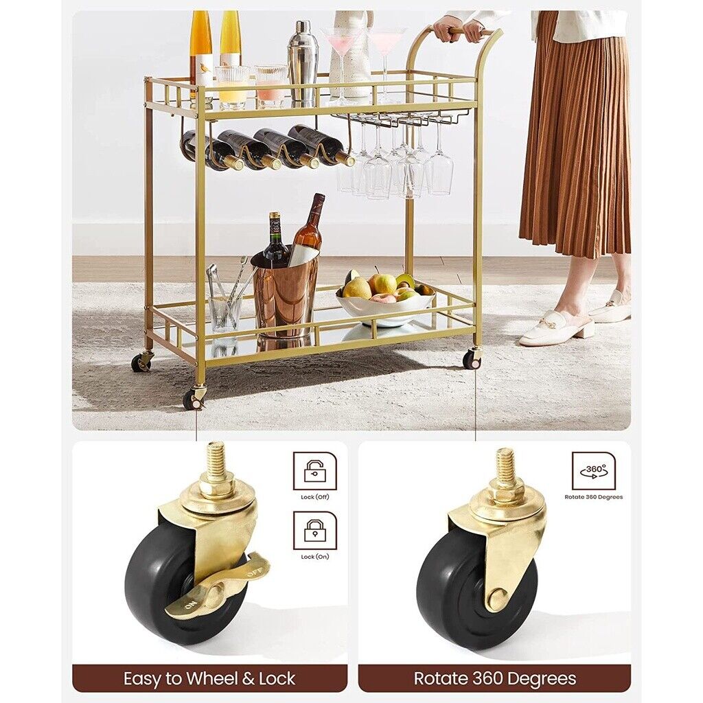 VASAGLE Carucior de servire pentru vin, suport sticle si pahare, cu 2 rafturi din sticla, 38x86x90cm, auriu