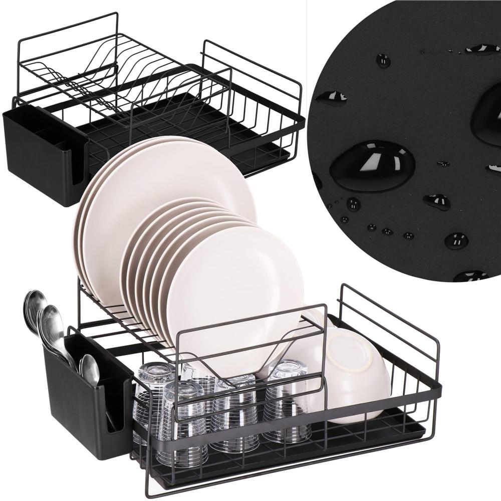 Uscator de vase cu suport tacamuri, din otel, pe 2 nivele, cu tava de scurgere, 50x30x24cm, negru