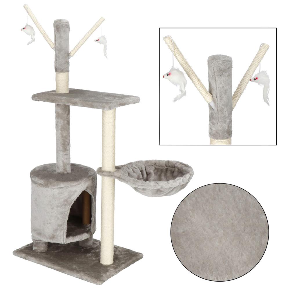 Ansamblu de joaca pentru pisici, cu loc pentru zgariat, ascuns, culcus, soricei, 108cm, gri