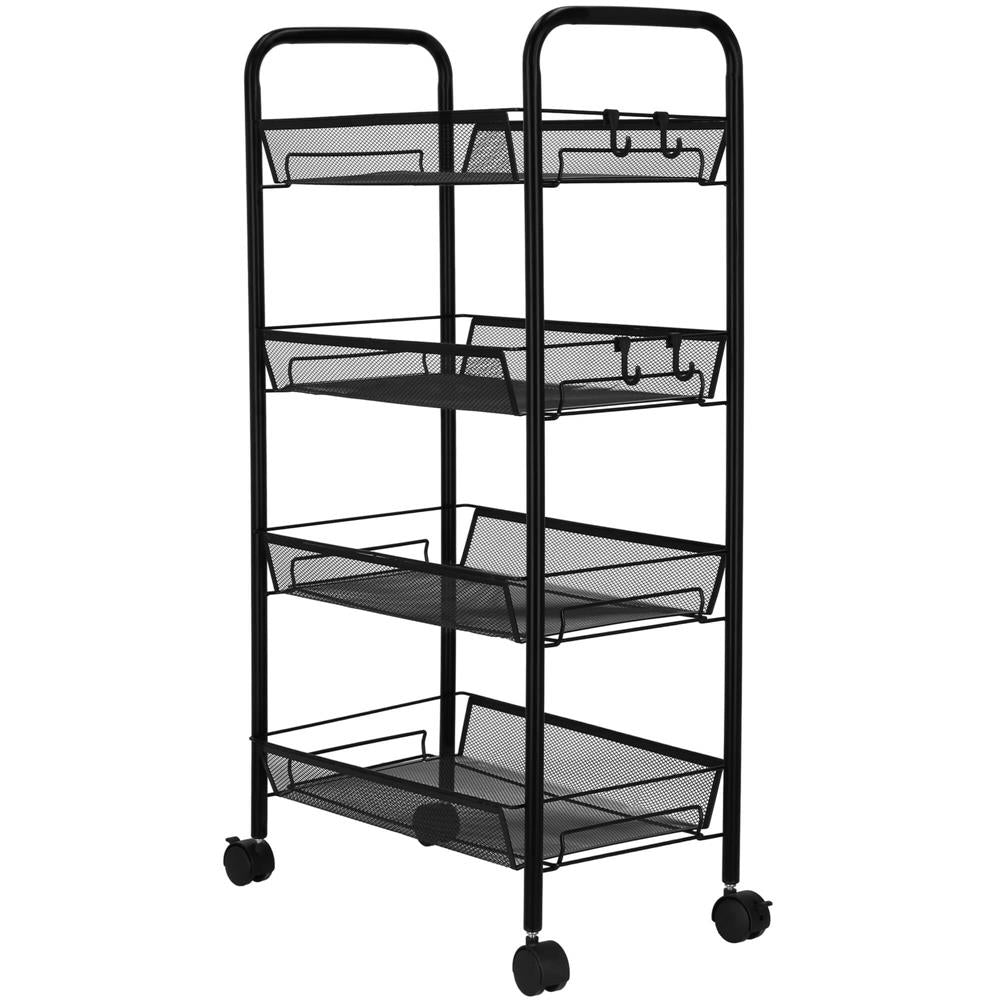 Raft metalic mobil tip carucior pentru bucatarie, 4 polite si 4 agatatori, negru, 44x26x85cm