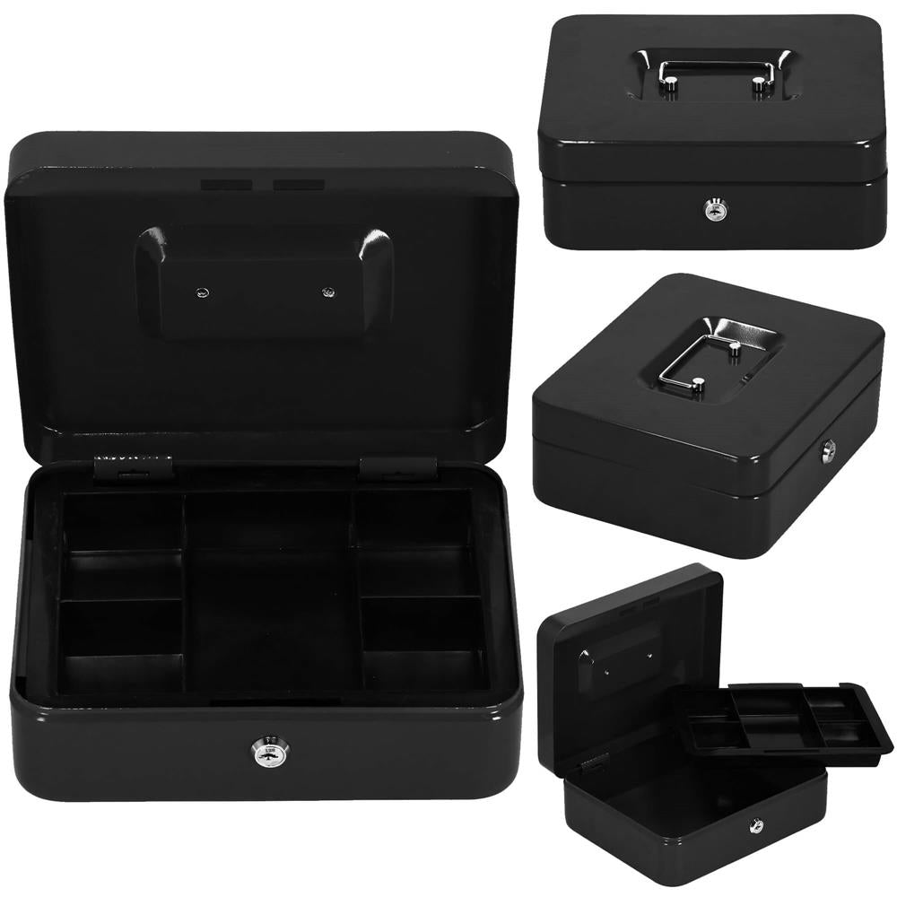 Caseta pentru bani tip cutie de valori, compartimentanta, cu cheie, metal, 25x20x9cm, negru