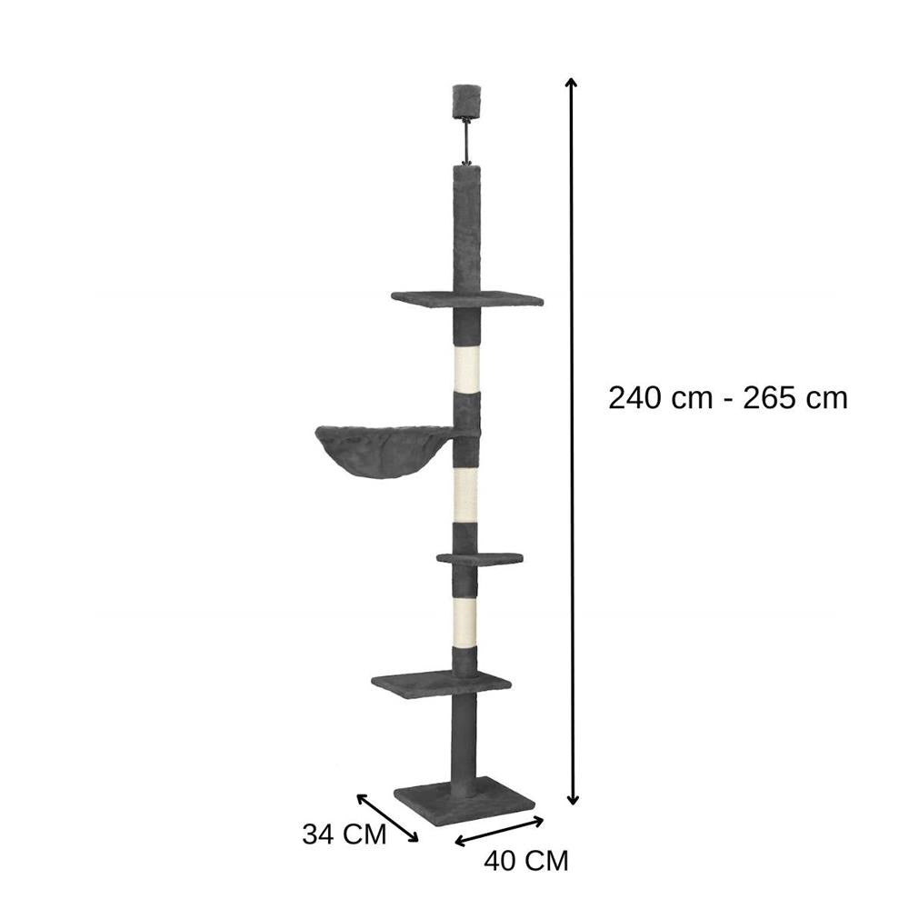 Ansamblu de joaca pentru pisici, tip stalp de catarat pana la tavan, inaltime reglabila, 240 - 265 cm, gri inchis